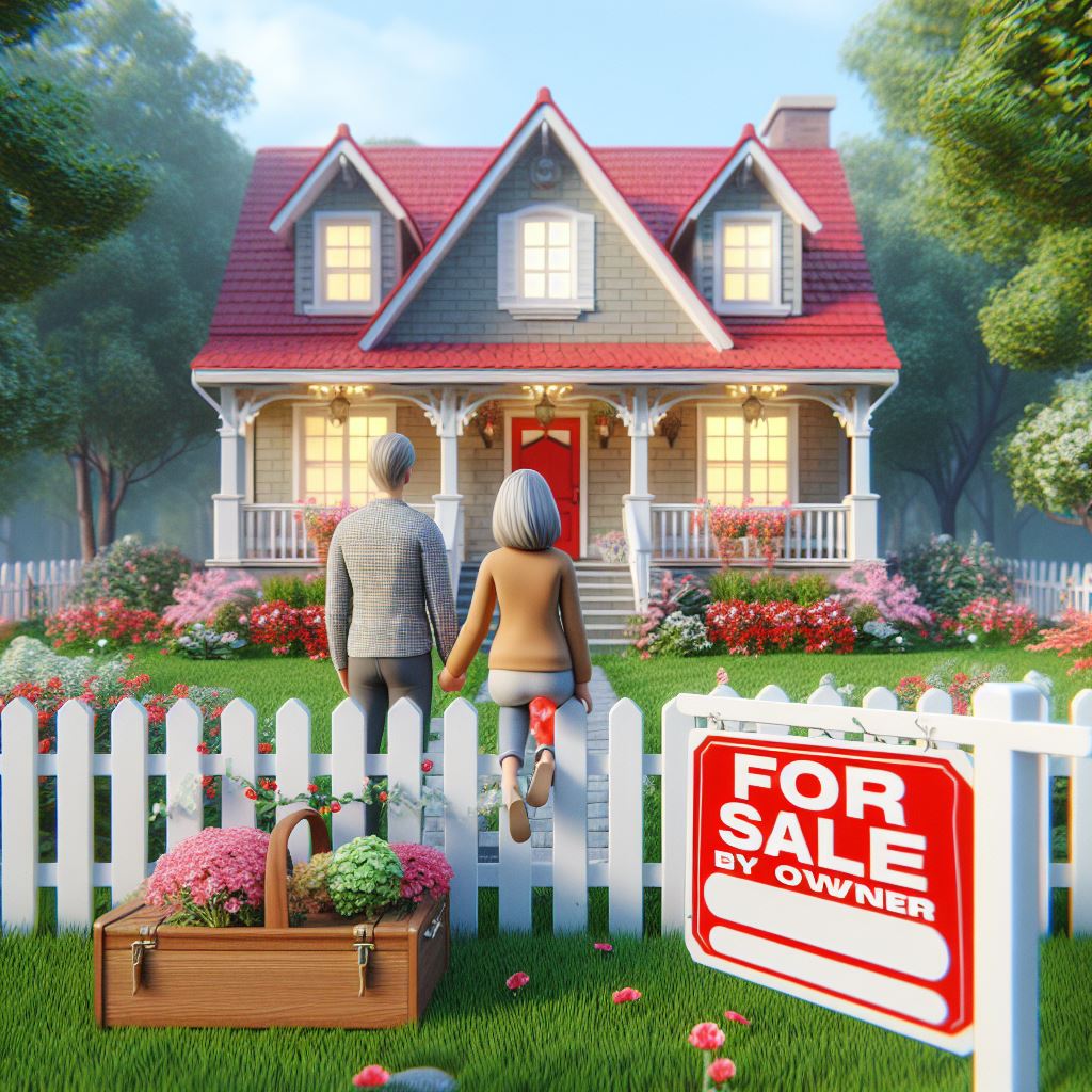 Older couple stands in front of a house for sale
